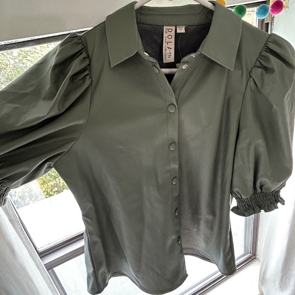 NEW DOLAN Puff-Sleeve Faux Leather Blouse XS Green - Picture 1 of 4